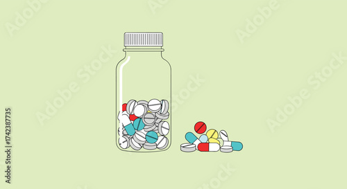 A transparent bottle filled with various colorful pills next to a small pile of spilled capsules on a pale green background.