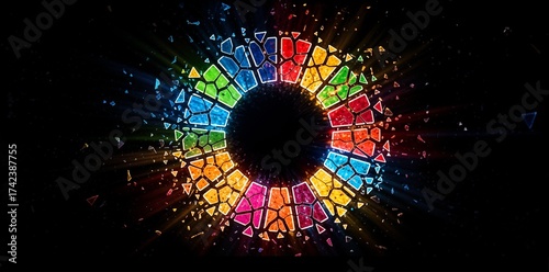 Colorful sustainable development goals wheel with zodiac-style symbols representing UN 2030 Agenda for global sustainability and social progress visualization. Destruction or opposition of the plan