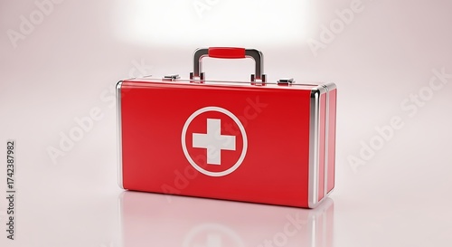 Red first aid kit with white cross on a white background, emergency equipment