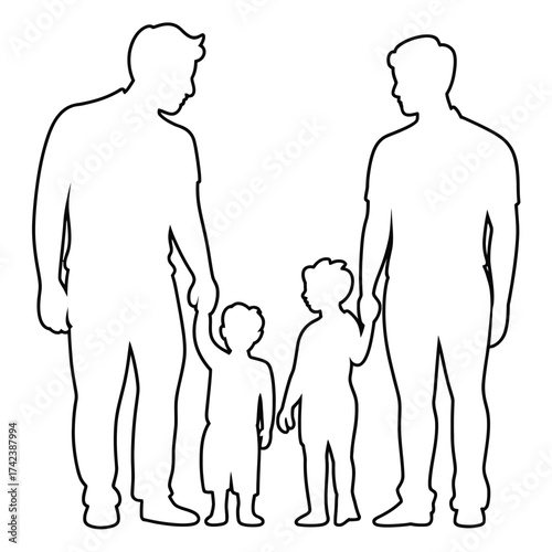 Stylized outline vector art father and son family duo holding hands simple clean design silhouette White background