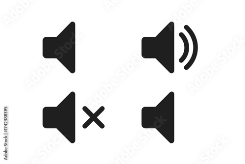 Sound volume icon vector set with mute, low, medium, and high speaker symbols. Audio control buttons with transparent background for multimedia, technology, and user interface design.