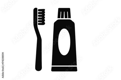 Black silhouette toothbrush and toothpaste tube icon, dental hygiene vector illustration, oral care essentials, transparent background, healthcare and wellness concept