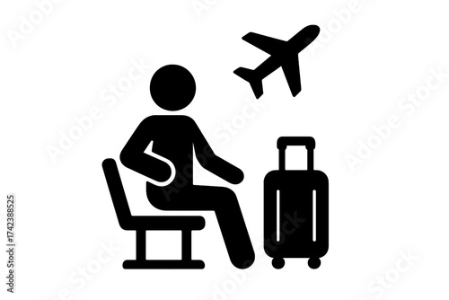 Tourist waiting for flight in airport lounge with suitcase, traveler sitting on chair, airplane flying overhead, travel and journey concept vector icon