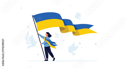 A person holding a Ukrainian flag in front of doves and a light background.