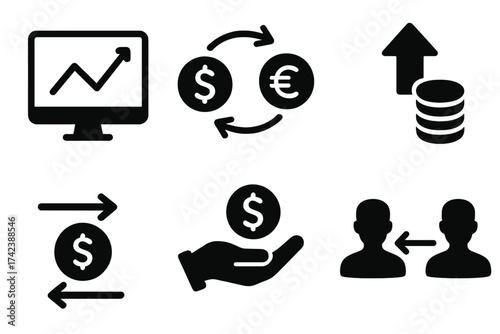 Trading icon set with currency exchange, profit growth, earnings transfer, financial trade symbols, black vector illustrations, transparent background, business and finance concept