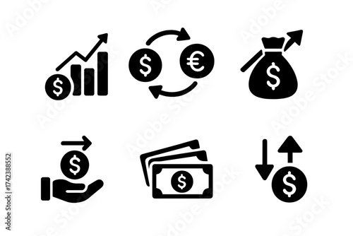 Trading icon set with business finance symbols, currency exchange, profit growth, earnings increase, money transfer, digital trade concepts, vector illustration with transparent background