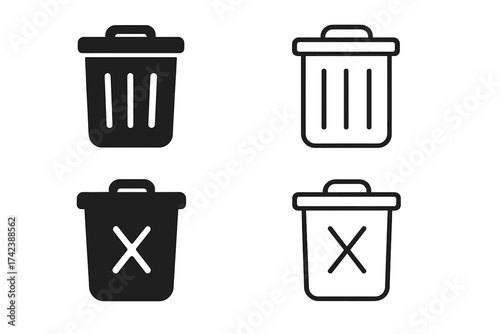 Trash can vector icons set, black and outline bins with delete symbol, minimalist garbage container designs, reusable recycle waste bin illustrations, transparent background