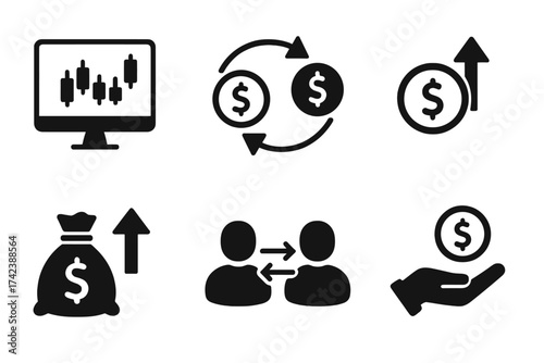 Trading icon set with exchange, profit, earnings, transfer, trade concepts, financial growth, money transaction, business vector illustrations with transparent background