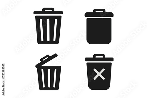 Trash can and bin icons set, vector illustration with delete symbol and open lid design, black silhouette trash container graphics, clean transparent background for UI and web
