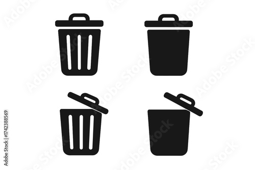 Trash can and bin icons vector set. Black silhouette garbage bins with lids open and closed, delete and trash concepts, recycling, waste disposal symbols, clean environment flat design.