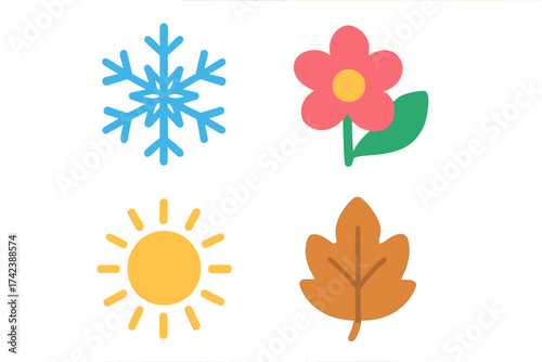 Travel and Vacation Icon Set, Seasonal Symbols Vector Illustration with Transparent Background, Includes Sun, Flower, Snowflake, and Autumn Leaf, Organized Icons Collection
