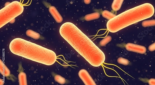 Closeup of orange bacteria cells with flagella, representing microscopic organisms