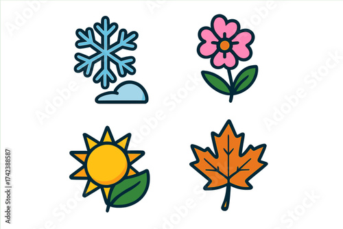 Travel and Vacation Icon Set with Four Seasonal Symbols, Vector Illustration with Transparent Background Including Snowflake, Flower, Sun, and Autumn Leaf for Adventure and Nature Themes