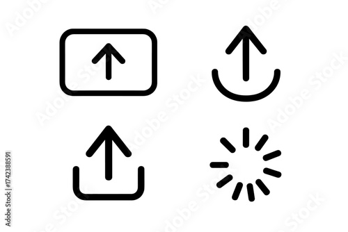 Upload sign icon set with upload button and loading symbols, vector illustration with transparent background, minimalistic arrow icons for file transfer and data upload concept