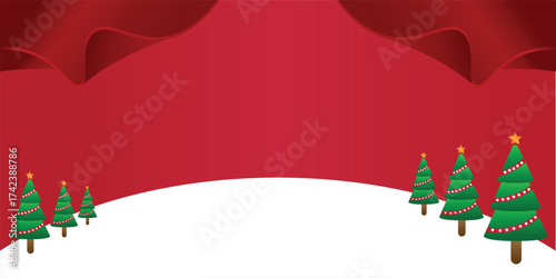 Horizontal vector background featuring a wide strip of snow lined with decorated Christmas trees against a deep red backdrop and abstract waves. Ideal for a seasonal header, banner, or website.