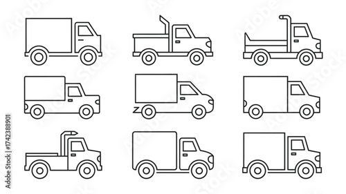 Collection of versatile truck icons outline vector set scalable eps graphics for logistics and transportation silhouette White background
