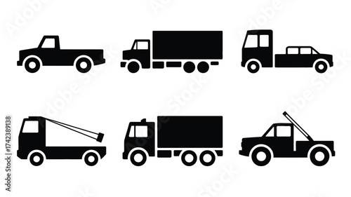 Set of various black truck icons vector illustration scalable eps format for declarative graphic design applications silhouette White background