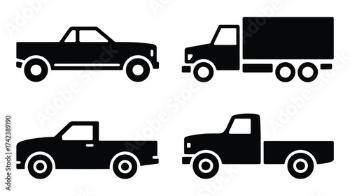 Set of various black truck icons vector illustration scalable eps graphic elements silhouette White background