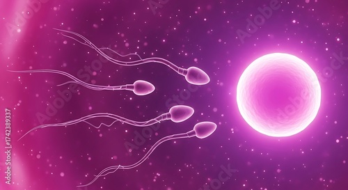 Sperm approaching human egg, fertilization concept, reproduction and insemination process