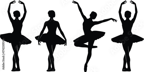 Ballet, dancer, silhouette, vector, illustration, pose, tutu, graceful, black, white, minimal, design, art, movement, classical, dance, stock, elegant, graphic, performance