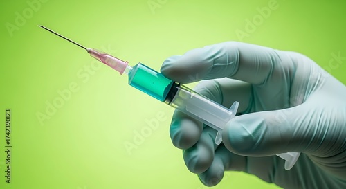 Closeup of a hand in a glove holding a syringe with green liquid medicine