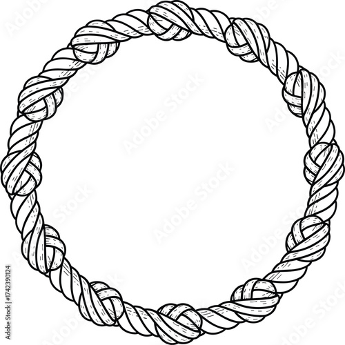 Circular rope silhouette, twisted strands, knotted design, hand-drawn texture, nautical loop, black background, sketch style, rope ring illustration