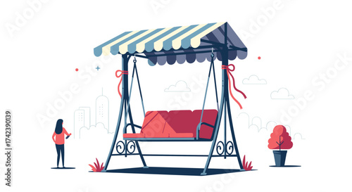 A person standing near a comfortable garden swing on a sunny day enjoying the outdoors.