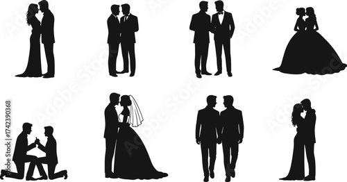 Couple silhouette icon set, romantic pose collection, wedding illustration graphic, love and relationship design, black vector, inclusive celebration art