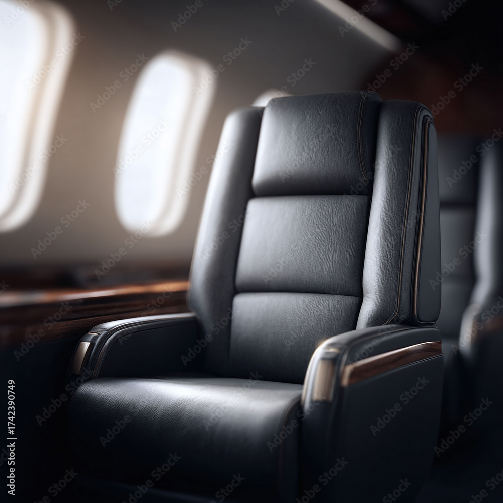 Obraz premium Luxury travel concept. The image highlights a plush leather seat inside a private aircraft. Symbolizes wealth, comfort, and exclusive journeys. Ideal for travel or finance related content.