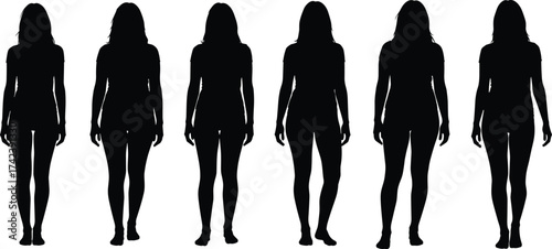 Female body silhouette, diverse woman shapes, black outline figures, anatomy comparison, posture study, fashion template, health reference, vector illustration, minimal design