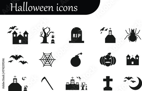 Vintage Flat Halloween Icon Pack , Pumpkins, Bats, Witches, Skulls, and Spiders for Scary Holiday Designs