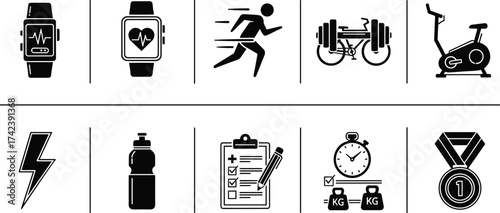 Fitness icon set, health tracking symbols, exercise equipment graphics, smartwatch vector, workout design elements, black line art, digital UI