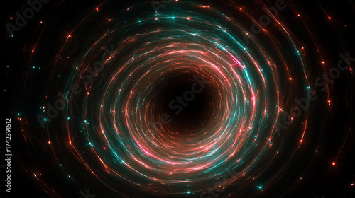 Fractal dream portal, bright neon outlines forming complex spiral gateway in deep shadows