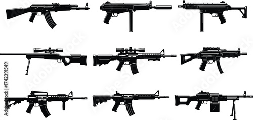 Gun silhouette icons, firearm vector set, assault rifle graphics, submachine weapon designs, black military illustration, tactical gear symbols