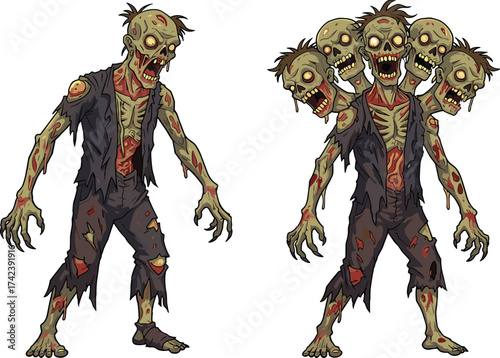 PrintScary zombie illustration, creepy undead monster with multiple heads, horror Halloween artwork, grotesque walking dead creature, spooky cartoon style character design