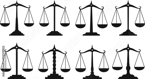 Justice scale icon set, legal balance silhouette, law symbol collection, equality concept, courtroom graphic, vector illustration, black isolated design