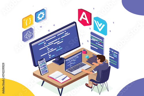 Isometric illustration of a software developer engaged in web programming and application creation on a modern workstation