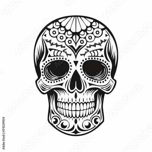 Stylized sugar skull with intricate floral and geometric patterns.