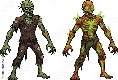 PrintScary zombie illustration, glowing undead monster with green fire effect, creepy horror creature design, spooky cartoon Halloween artwork, mutant infected walking dead