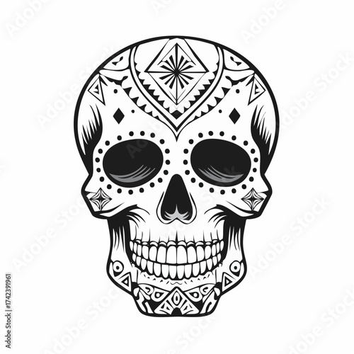 Detailed black and white sugar skull illustration with intricate patterns.