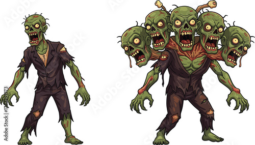 PrintScary zombie monster illustration, horror undead creature, multiple heads mutant zombie design, Halloween character artwork, spooky walking dead cartoon style