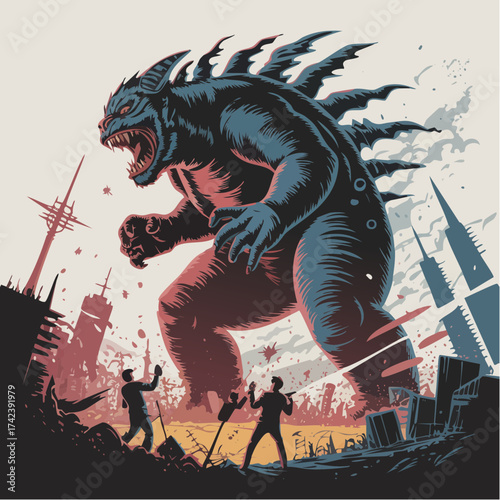 Giant White Monster Roaring in City.