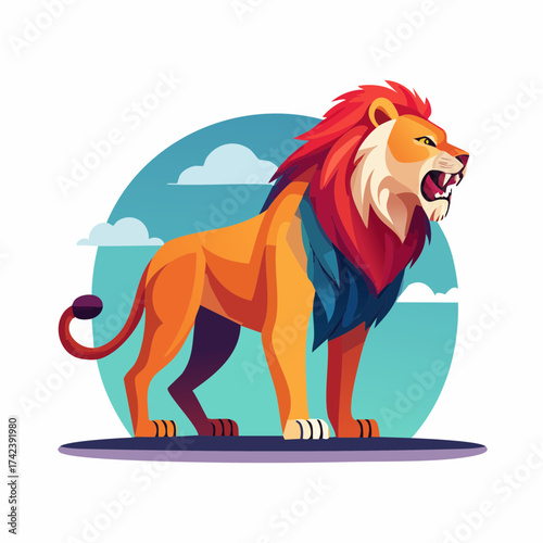 Illustration of a roaring lion with a colorful mane standing against a blue sky.
