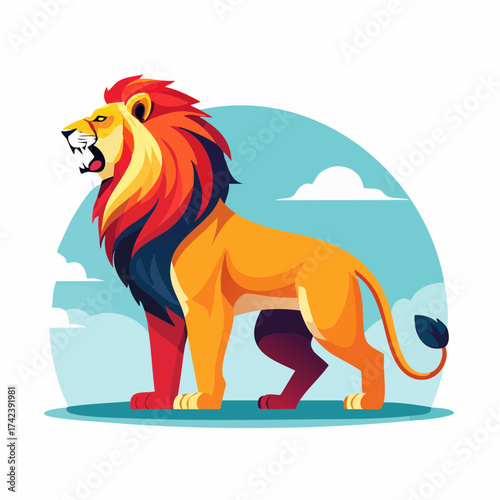 Majestic lion roaring with colorful mane in a vibrant illustration.