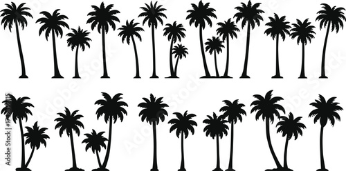 PrintSet of tropical palm tree silhouettes, isolated black vector illustration, exotic beach nature icons, summer holiday design, island travel decoration elements