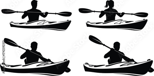 Kayak, paddling, silhouette, vector, illustration, sport, outdoor, water, person, activity, black, graphic, minimal, design, motion, equipment, adventure, stock, posture, gear