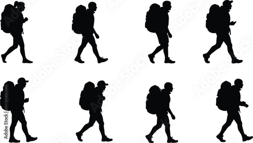PrintSilhouette hikers with backpacks walking, outdoor trekking journey, camping exploration, adventure travel illustration, wilderness hiking, mountain climbing, tourism vector art
