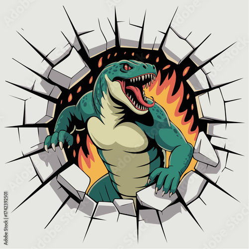 Powerful green dinosaur breaking through a wall with fiery background.
