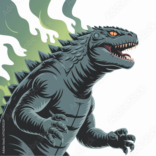 Powerful Godzilla-like creature with sharp teeth and scales.