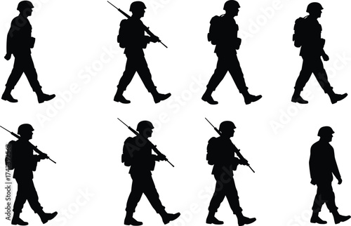 PrintSilhouette illustration of soldiers marching with rifles, military army troops walking in formation, war, defense, combat, armed forces training.